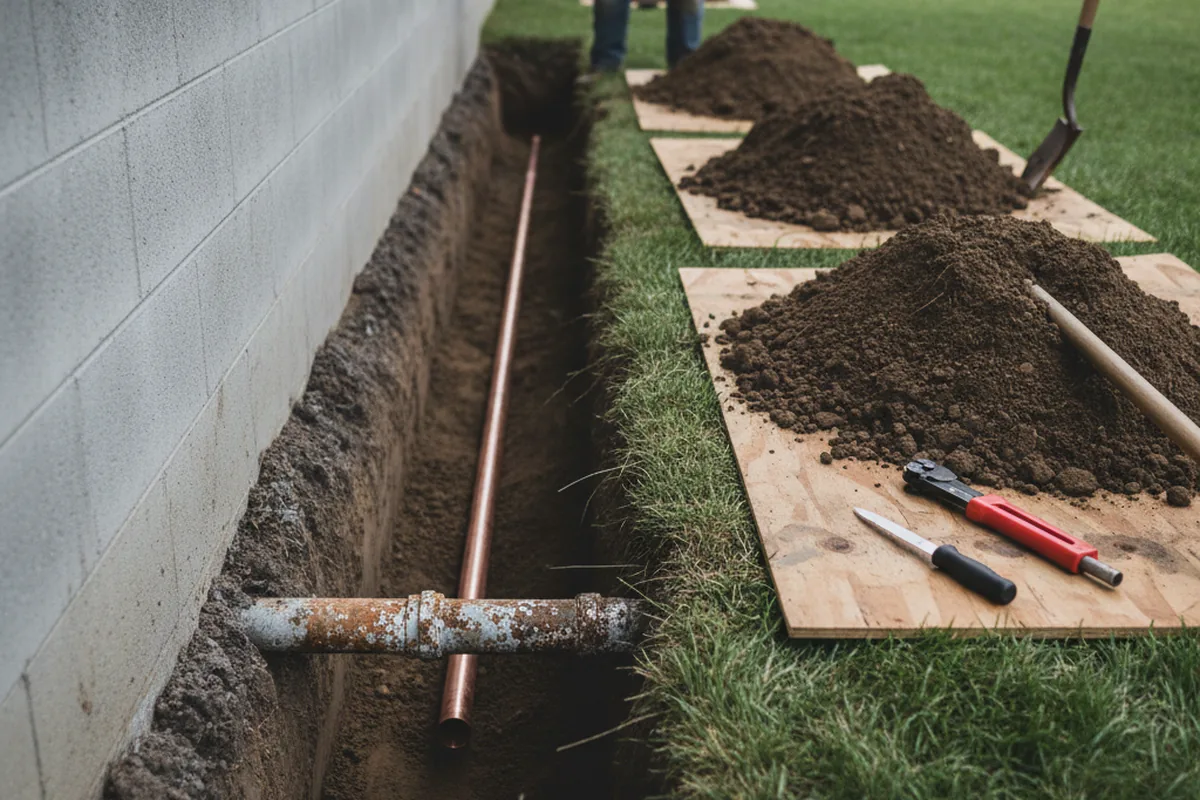Excavated water line trench during Water Softener Installation in Bronaugh